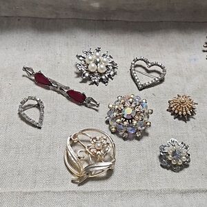 Vintage Rhinestone Brooch Signed Starburst Faux Pearl Heart Pin Lot 8